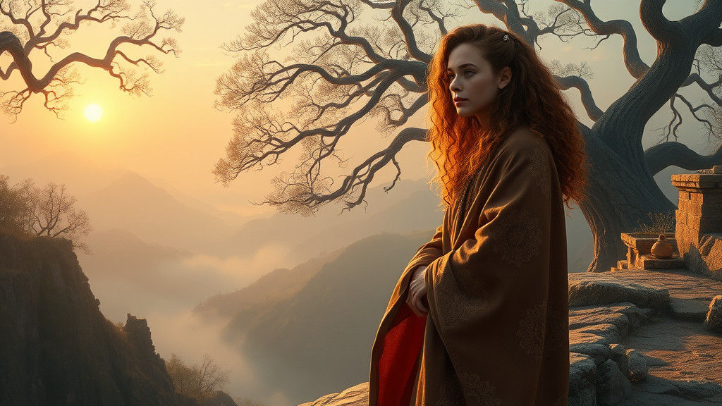Serene Woman Gazing at Misty Valley in Old Master Style