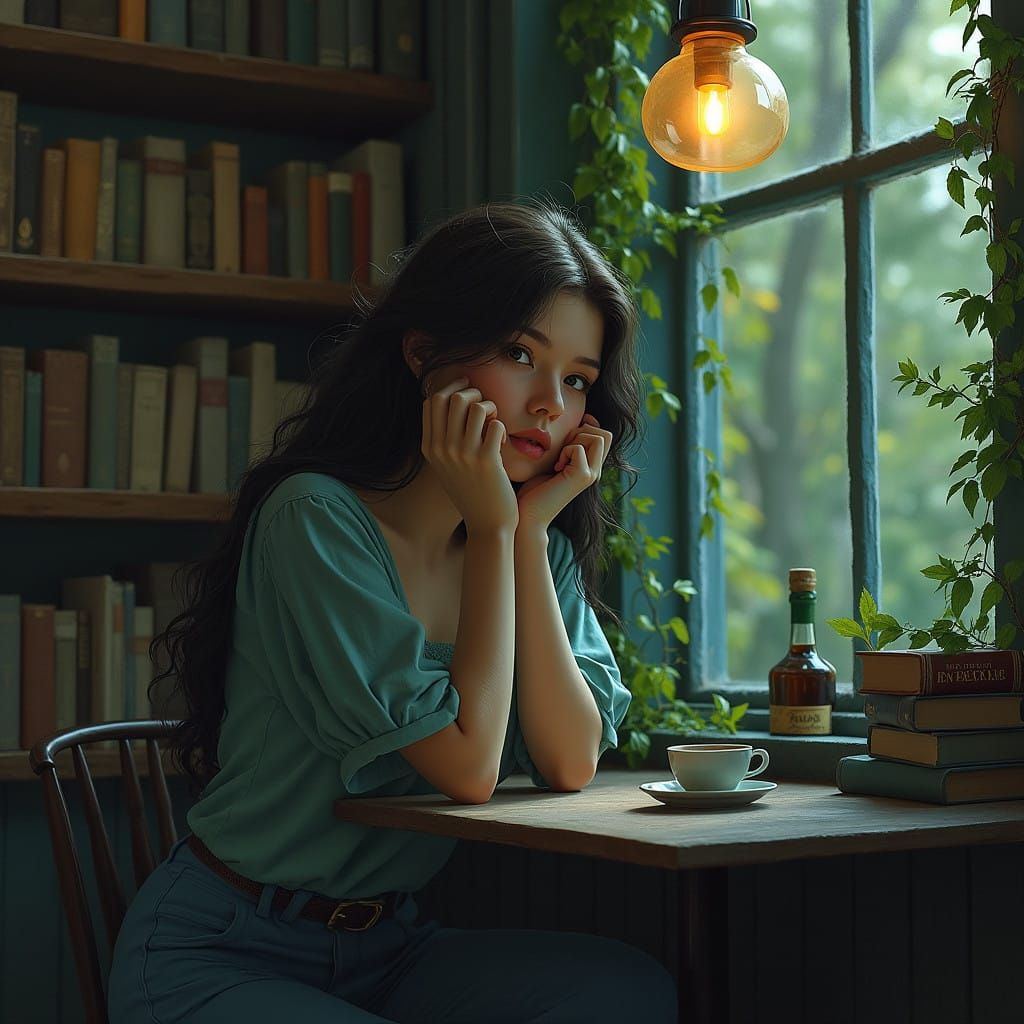 Mysterious Woman in a Moody Coffee Shop Scene