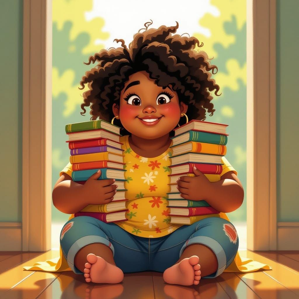 Cheerful Black Girl with Books, Pixar-Inspired Animation