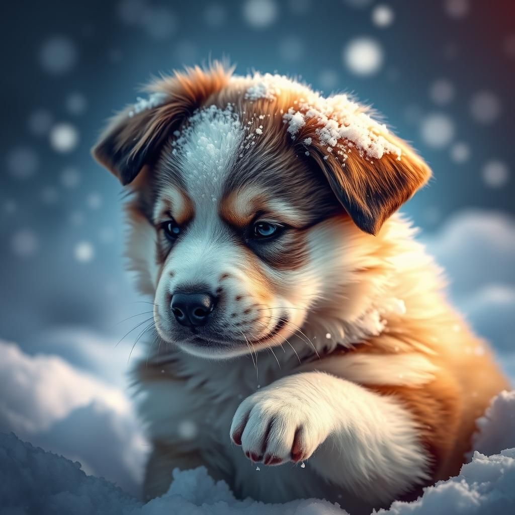 Snowy Puppy Portrait in Hyperrealistic Splash Art