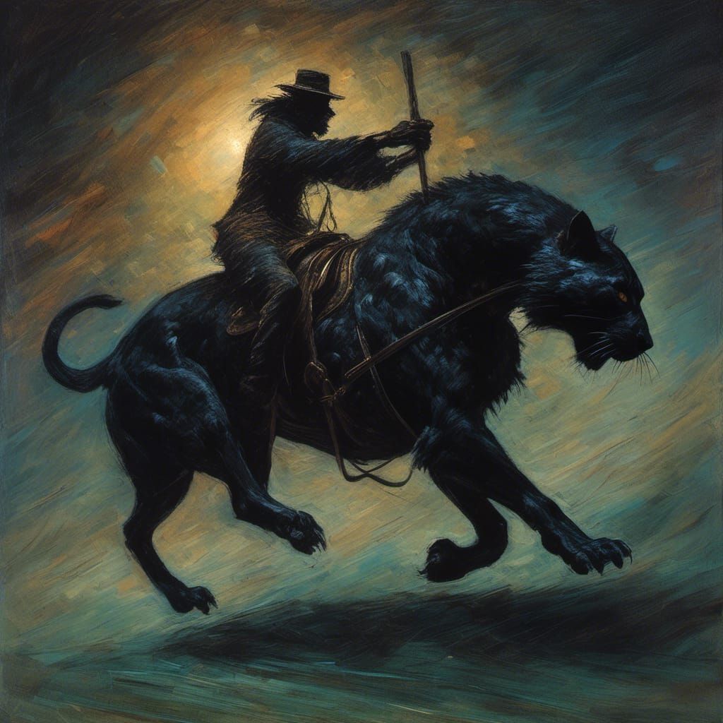 Crow Rides Panther in Hyperrealistic Night Scene