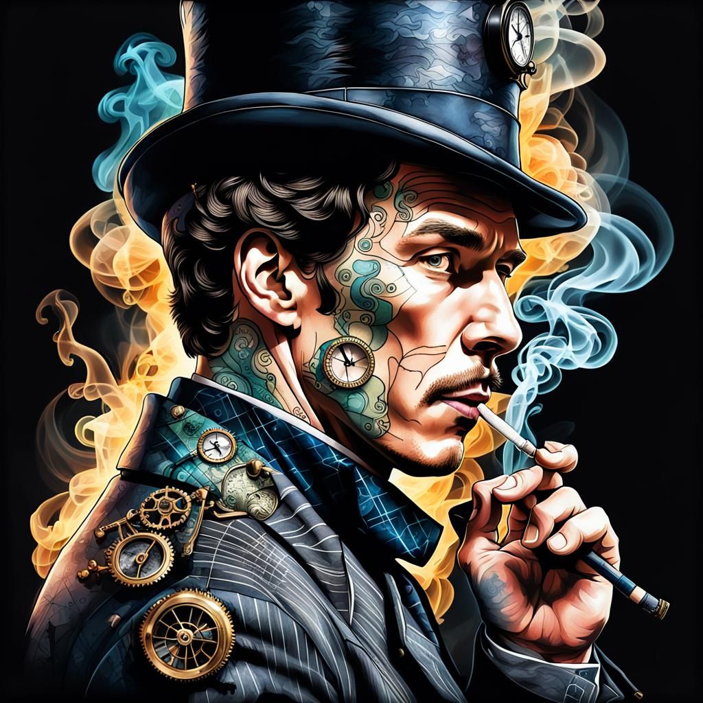 Steampunk Sherlock Holmes Portrait with Smoke Tattoo