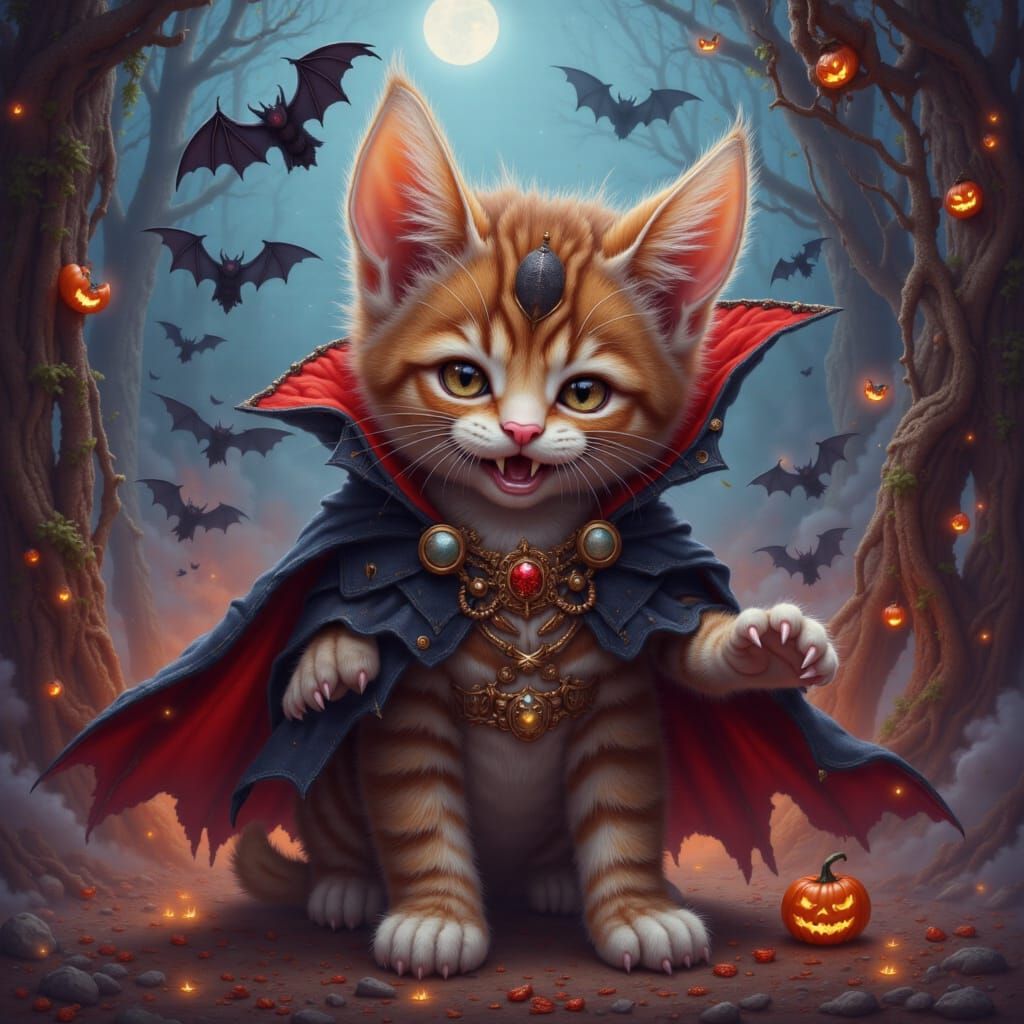 Fluffy Tabby Kitten as Dracula
