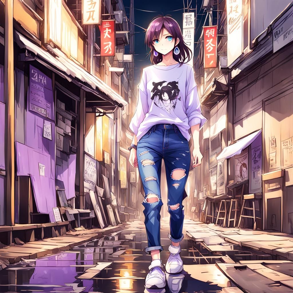 Girl in Anime Style with Ripped Jeans