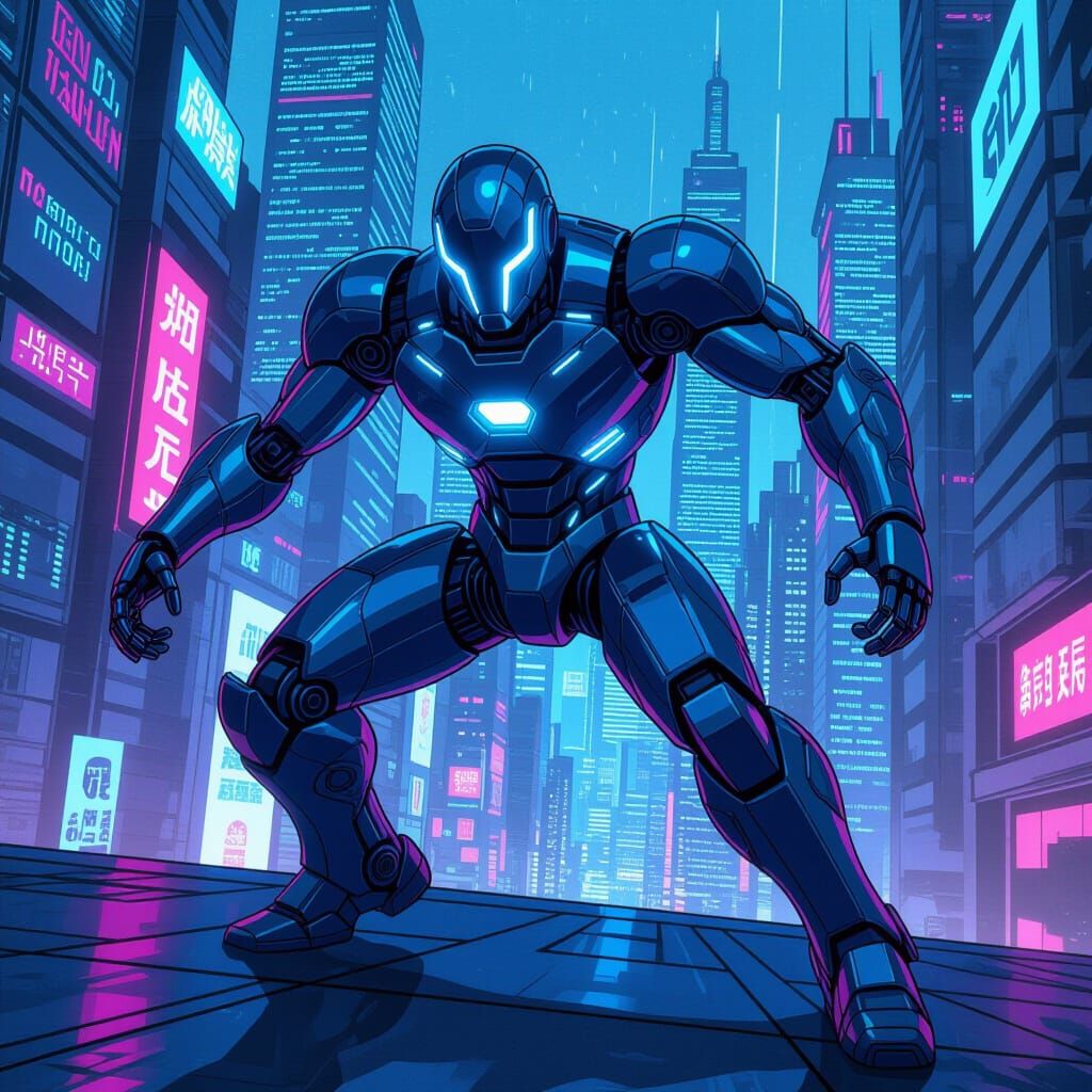 Dynamic Robot in Futuristic Cityscape Comic Art