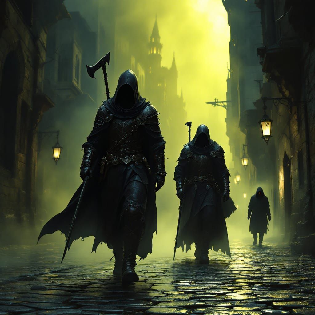 Medieval City Guards Patrol Foggy Night Streets