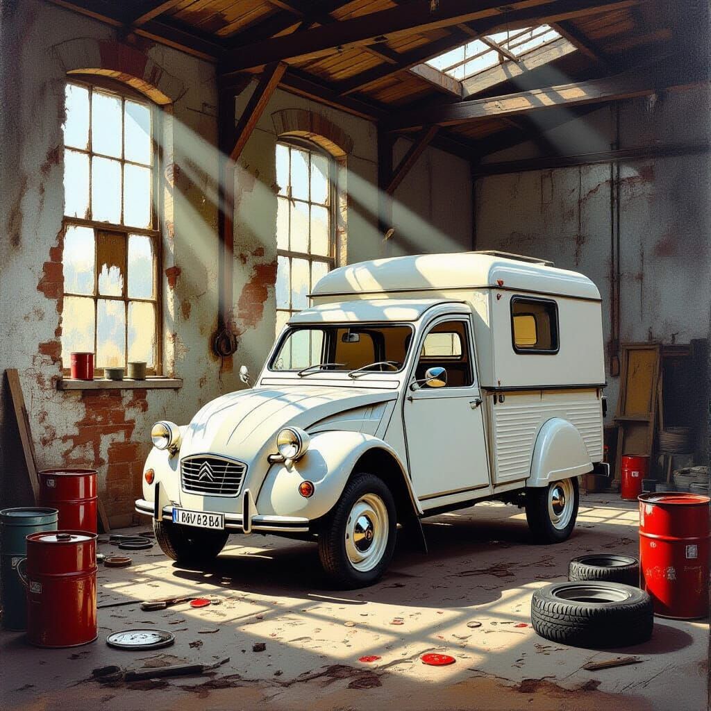 Citroën 2 CV Camper in Abandoned Workshop, Impasto Oil Style