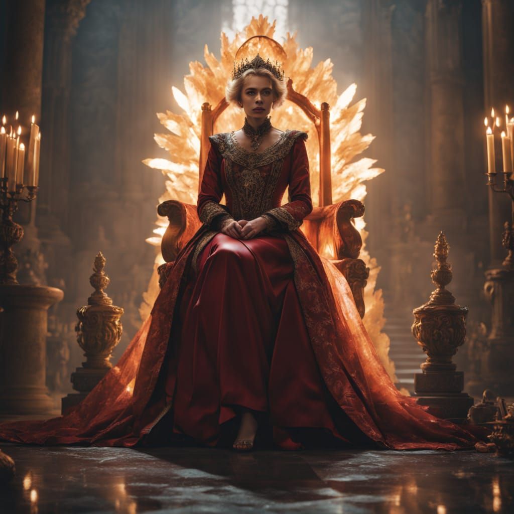 The Red Queen on Her Throne in Golden Light