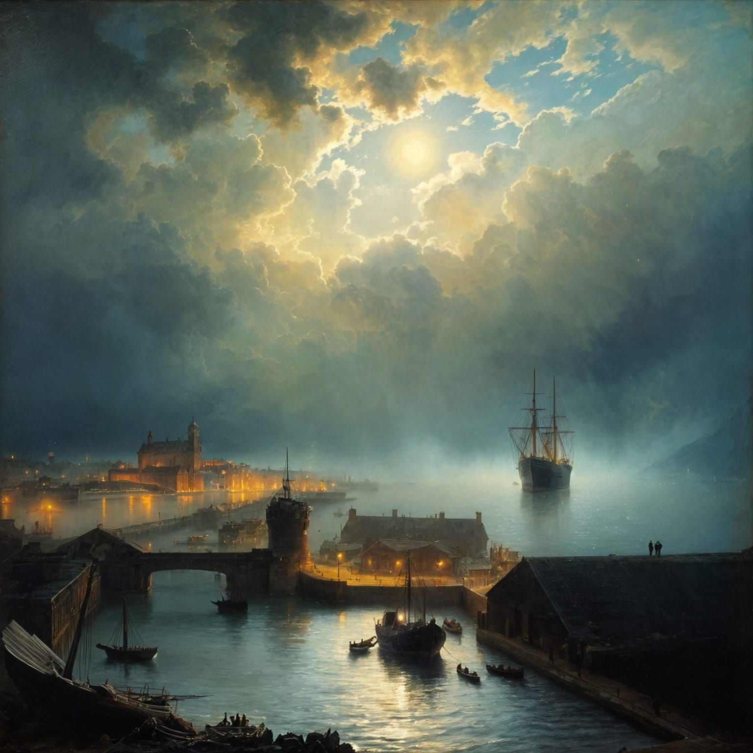 Victorian Ship in Misty Estuary Port at Night