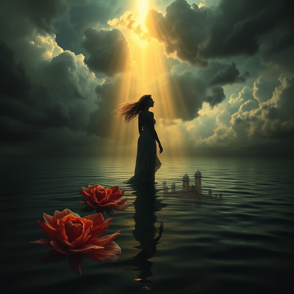 Woman in Stormy Waters: Chiaroscuro and Digital Hues