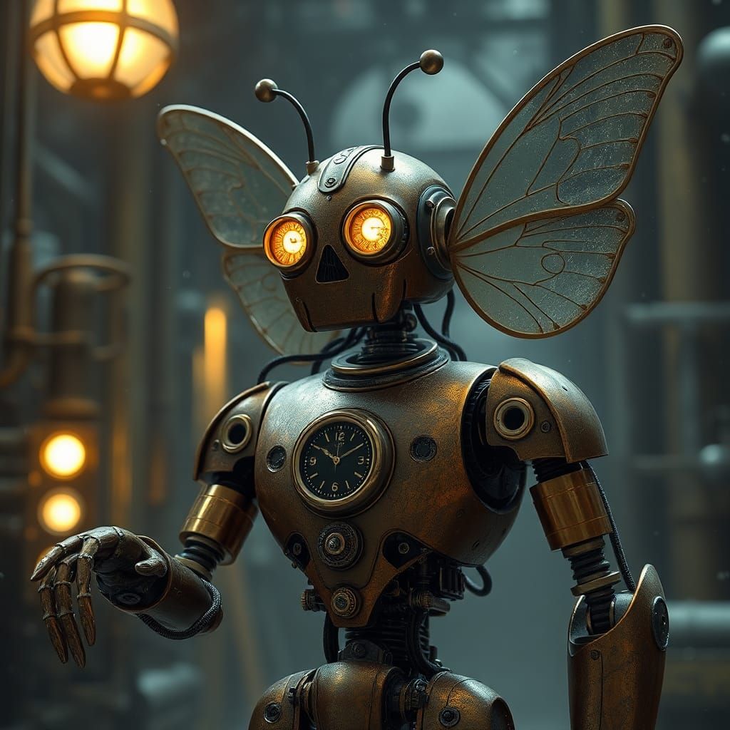 Steampunk Robot with Butterfly Wings in Oil Painting Style