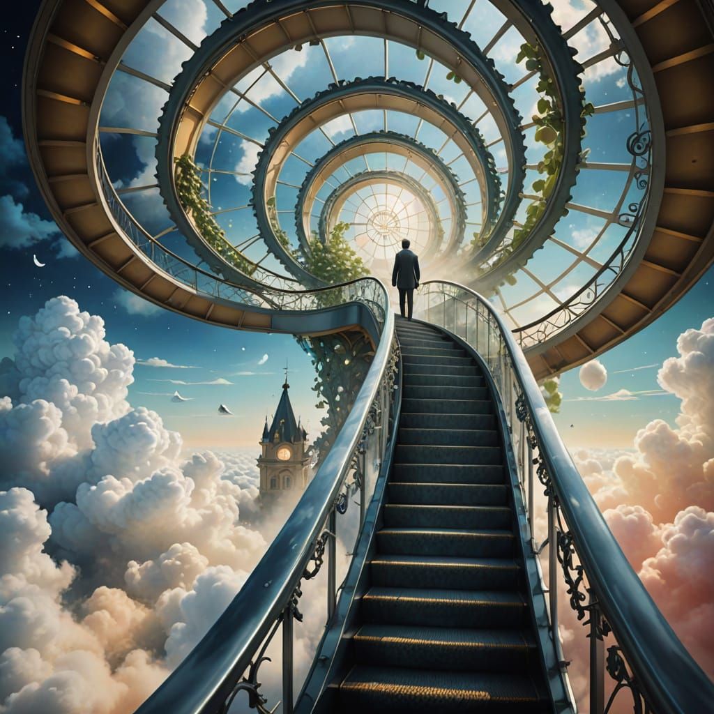 Whimsical Escalator to Cloudy Heaven in Dreamlike Watercolor...