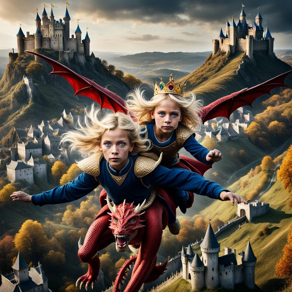 Children Ride Dragon Over Castle Village: Fantasy Art