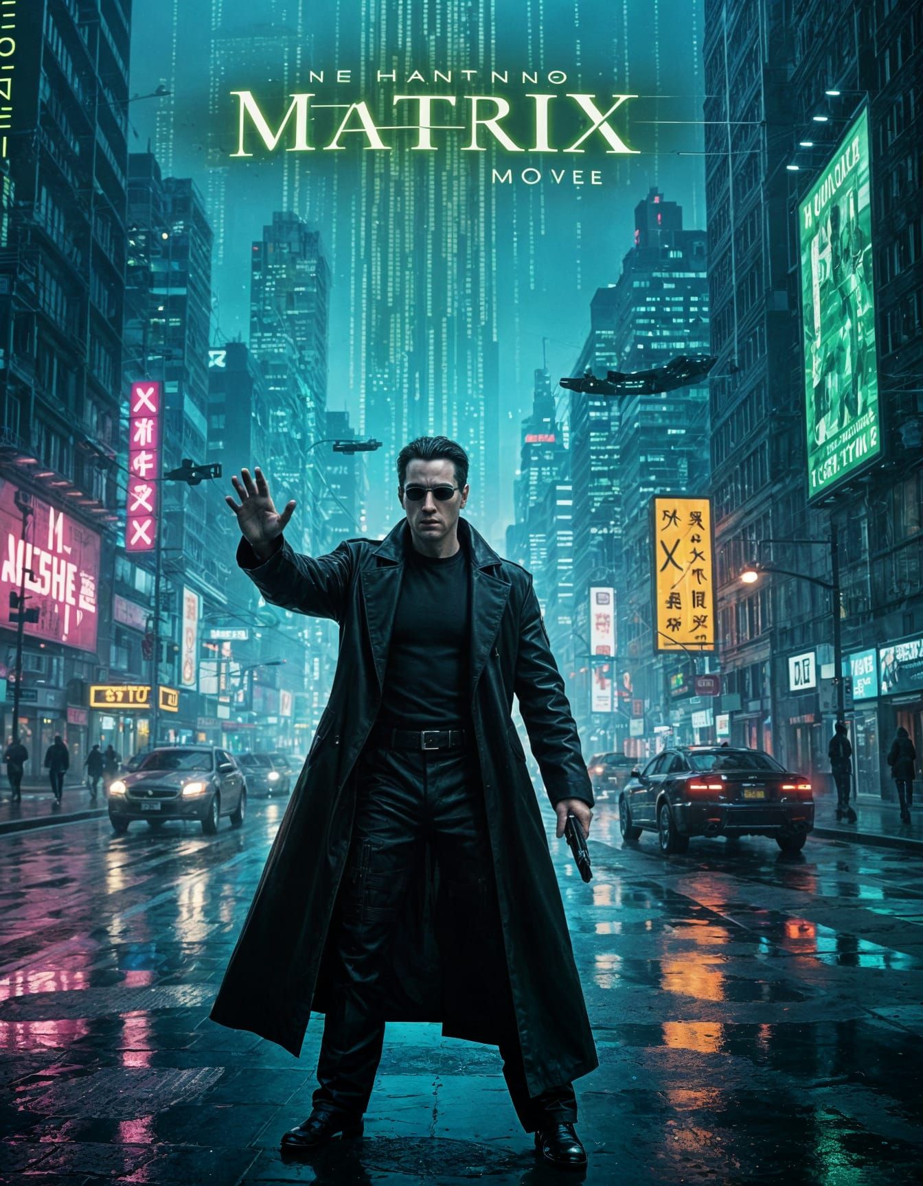 Cyberpunk Matrix Poster with Neo Stopping Bullets