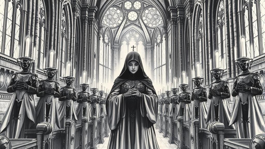 Cybernetic Priestess in Gothic Cathedral, Dark Fantasy Art