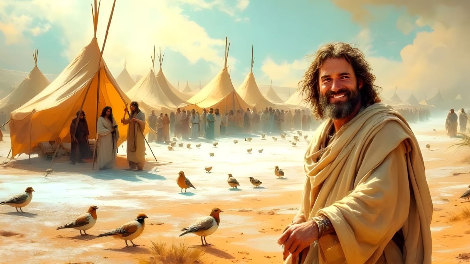 Moses and Quail in Surreal Desert Landscape
