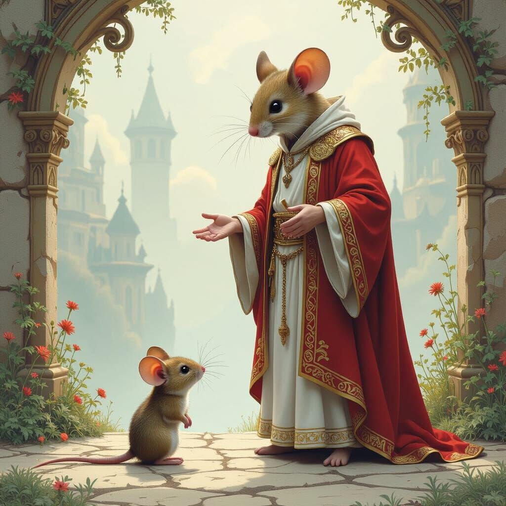 Divine Encounter: God Meets Tiny Mouse in Dreamlike Scene