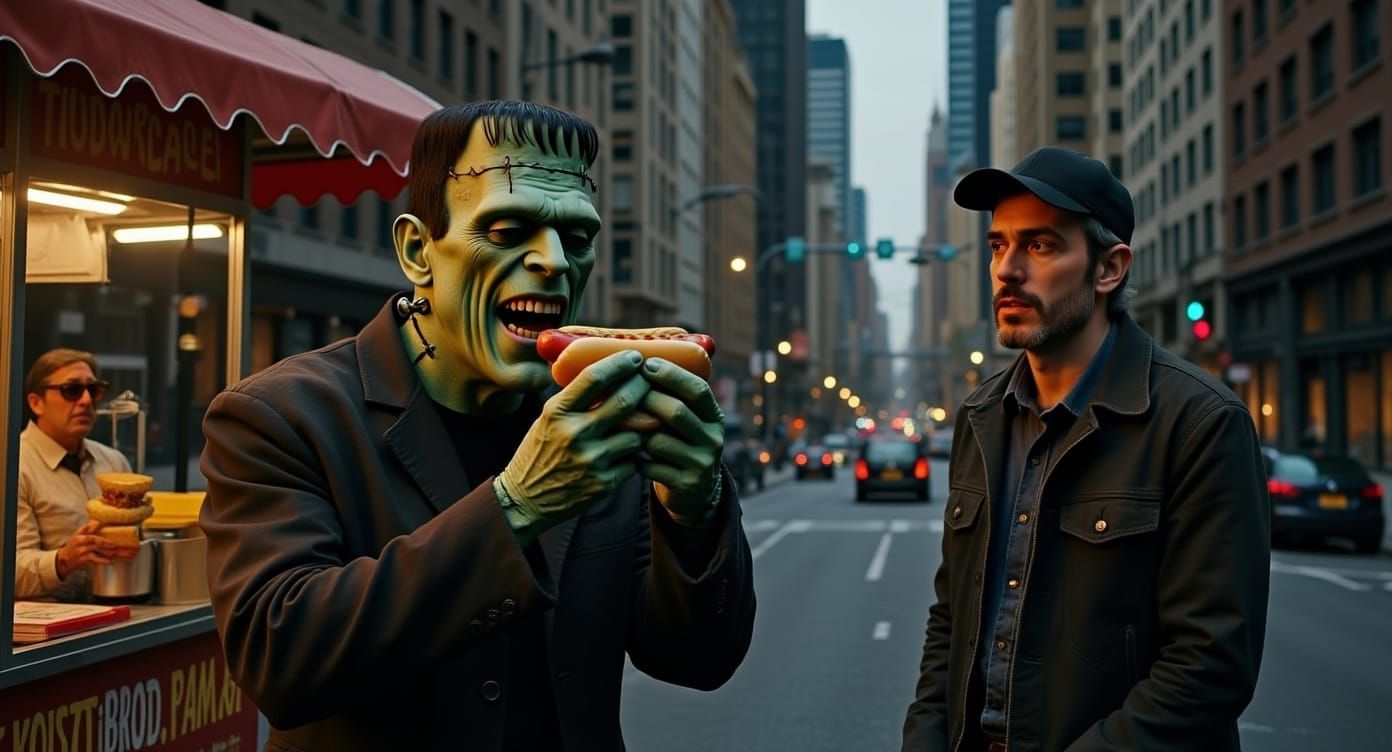 Frankenstein's Monster Enjoys a Hot Dog
