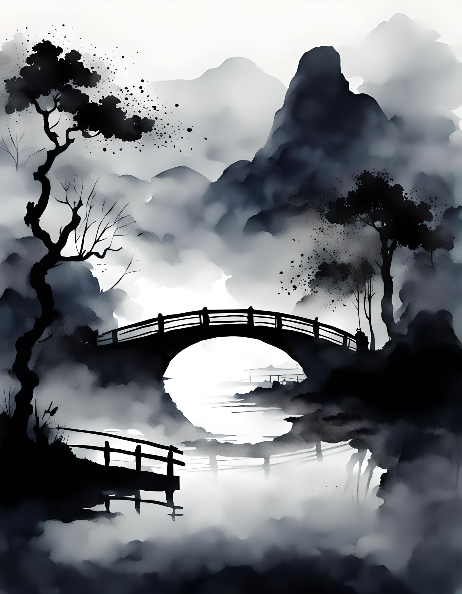 Dark Night Fog Landscape in Chinese Watercolor Style