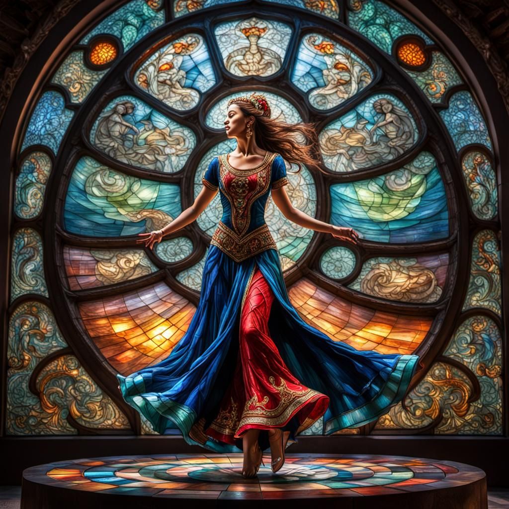 Exotic Stained-Glass Arena: A Dancer's Lavish Stage
