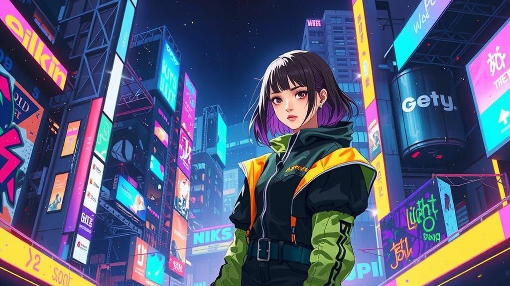 Edgy Urban Anime Goddess with Distressed Denim and Neon Hues