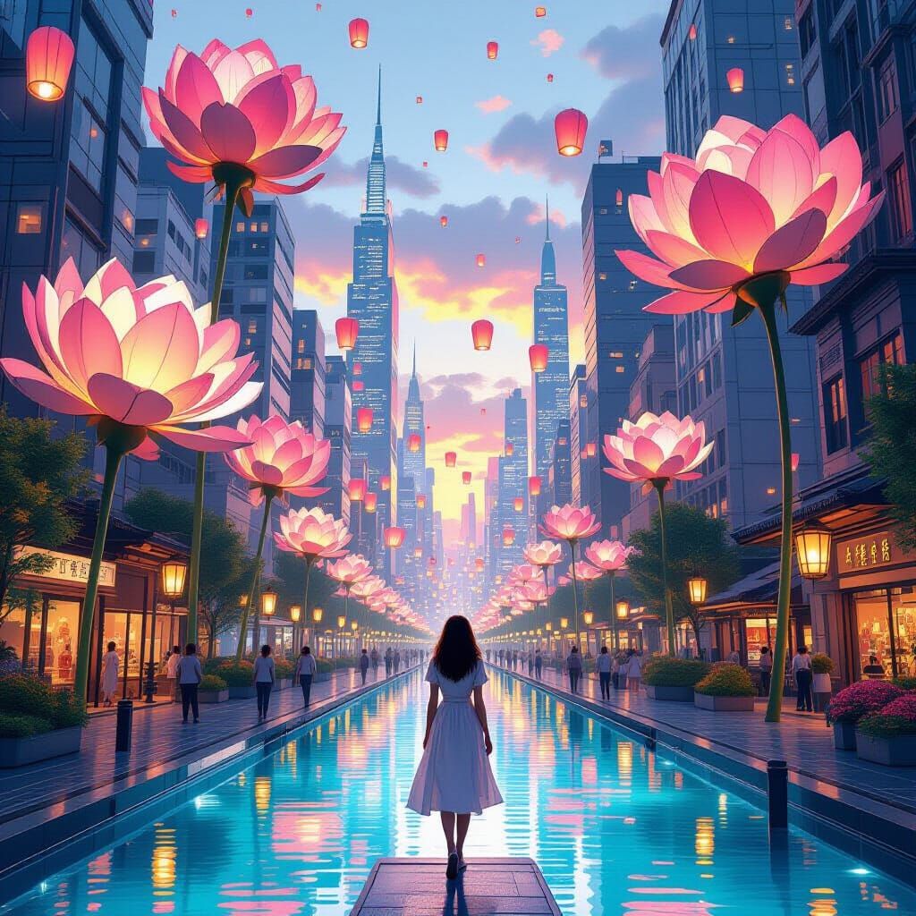 Blooming Cityscape with Flower Skyscrapers in Soft Light