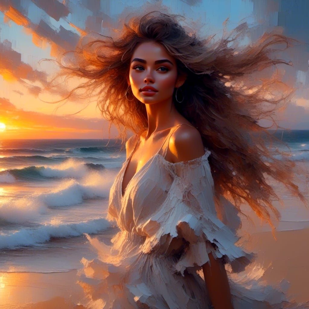 Ethereal Woman Portrait on Beach at Sunset