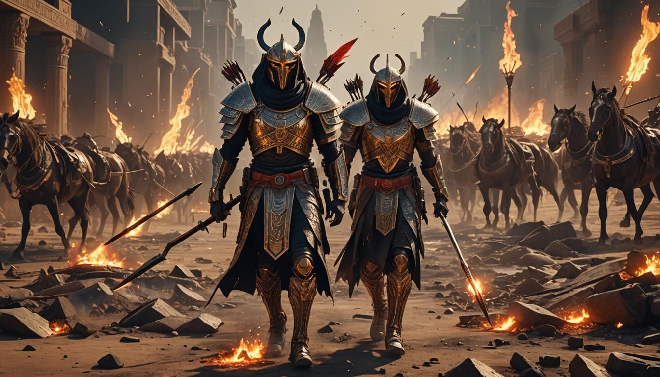 Egyptian Warrior in Cyberpunk Battlefield