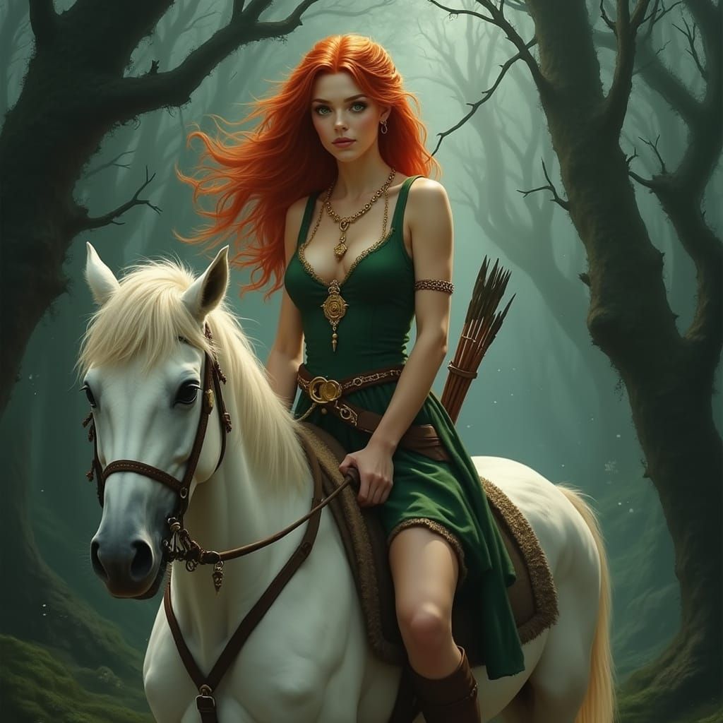 Ethereal Irish Fantasy Woman Rides Majestic White Horse into...