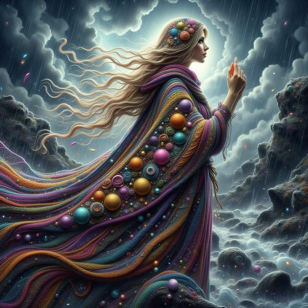 Majestic Whimsical Witch in a Kaleidoscope Shawl