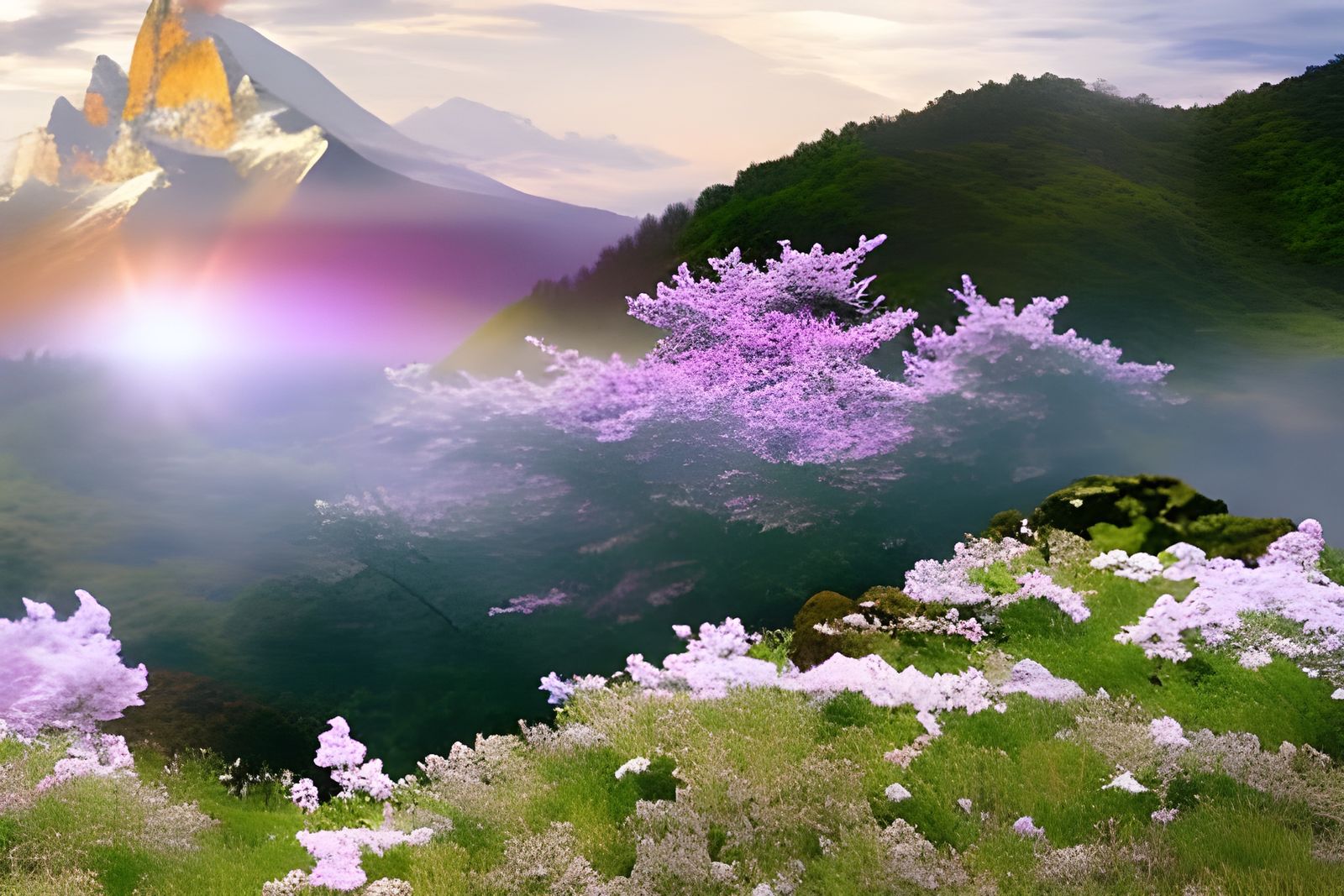 Floral Waterfall with Butterflies in Digital Painting