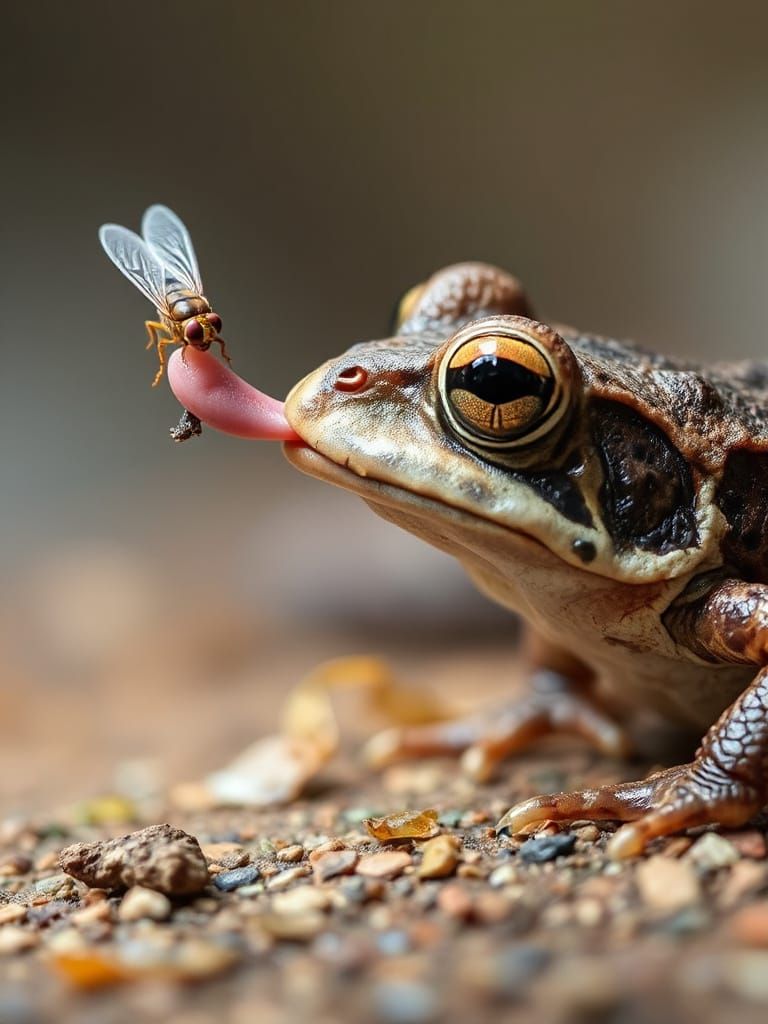 Macro photo of a extended frog tongue eating a fly