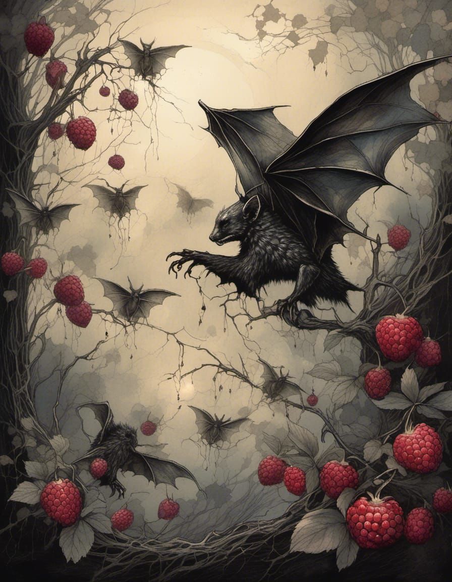 Gothic Fantasy: Bat, Berries, and Flowers Illustration