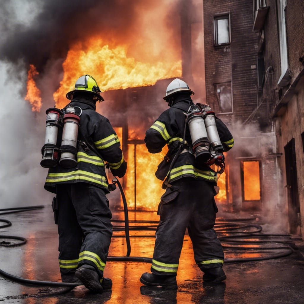 Firefighters in Action at Burning Building