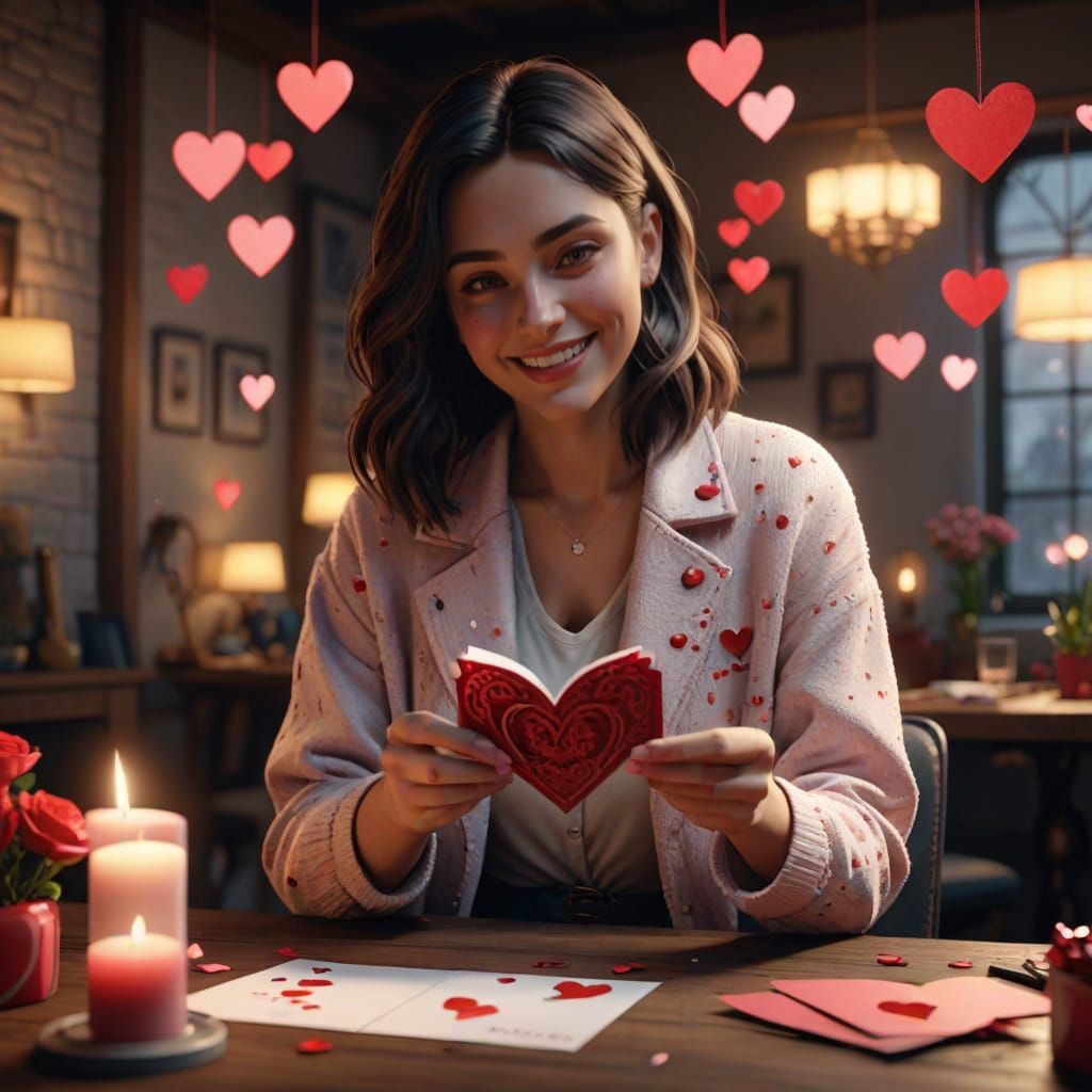Woman Joyfully Opens Valentine's Card in 3D Game Style