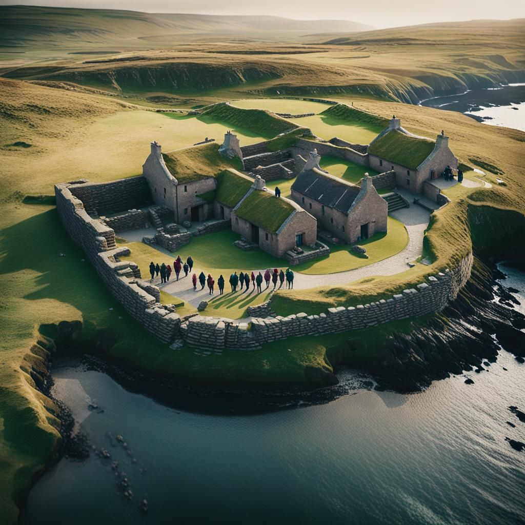 Atmospheric Aerial View of Skara Brae in Highlands Style
