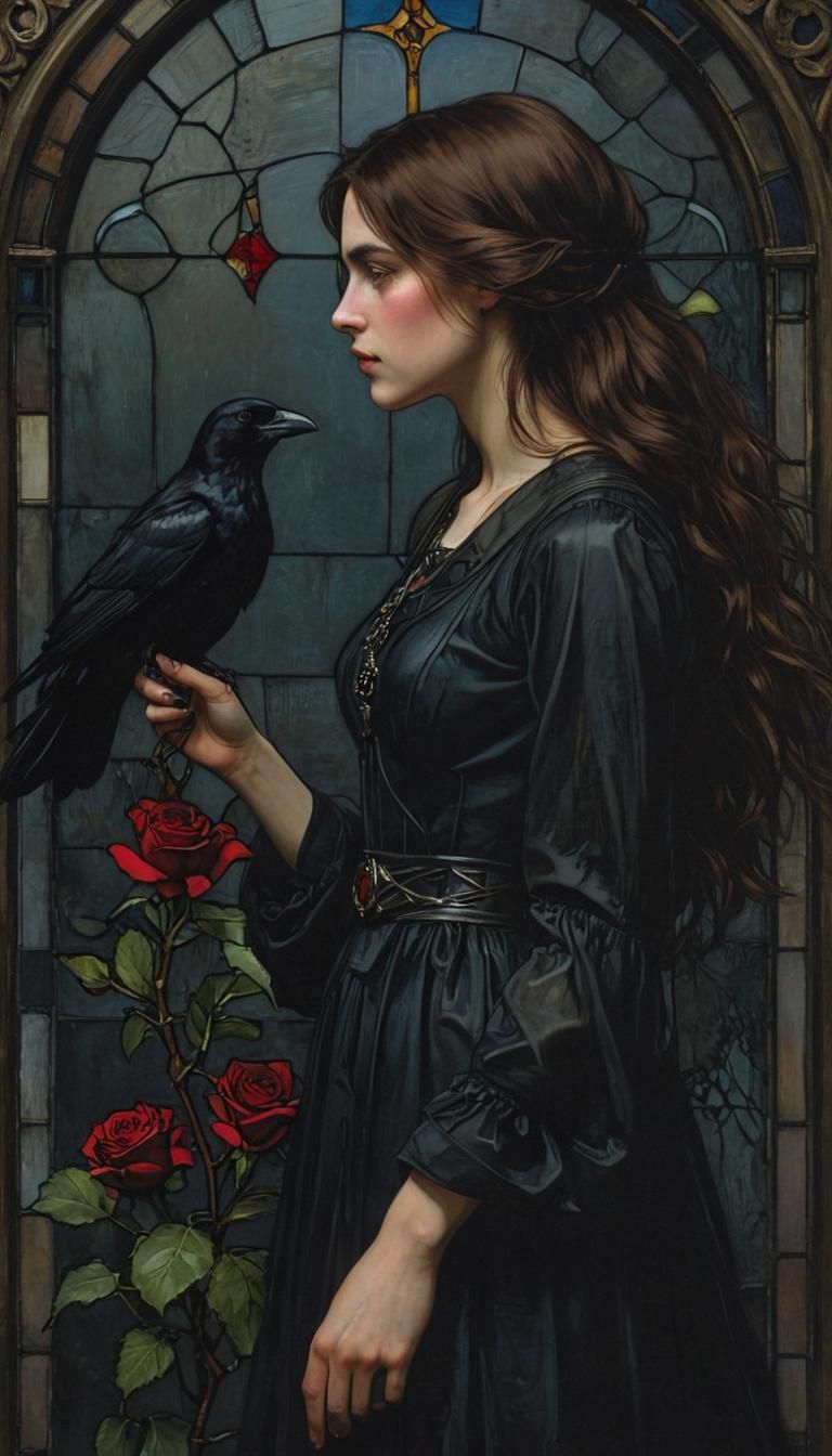 Gothic Woman Portrait with Raven and Rose