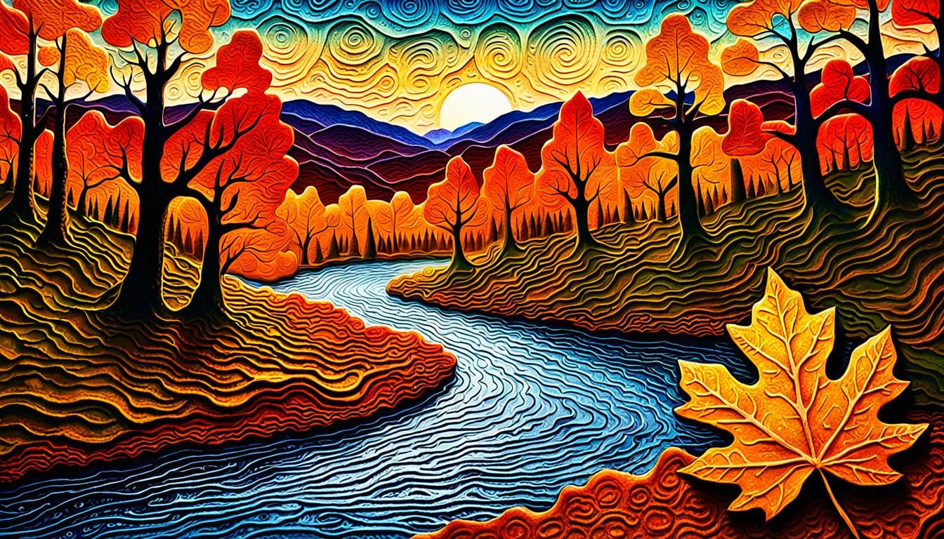 Embossed Autumn Leaf Art of Sunset River