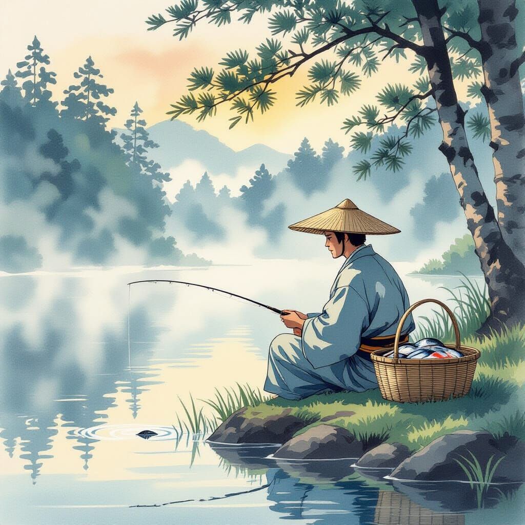 Ukiyo-e Fisherman Enjoys Sushi by Forest Lake