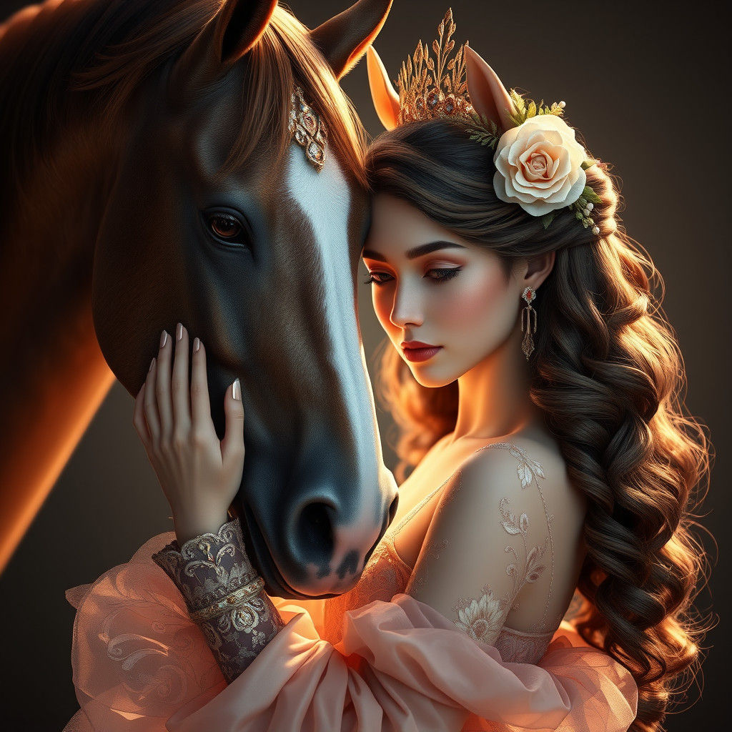 Fantasy Flower Girl and Horse Portrait in Art Nouveau Style