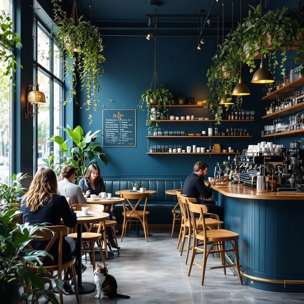 Cozy Modern Coffee Shop with Blue Walls and Green Plants