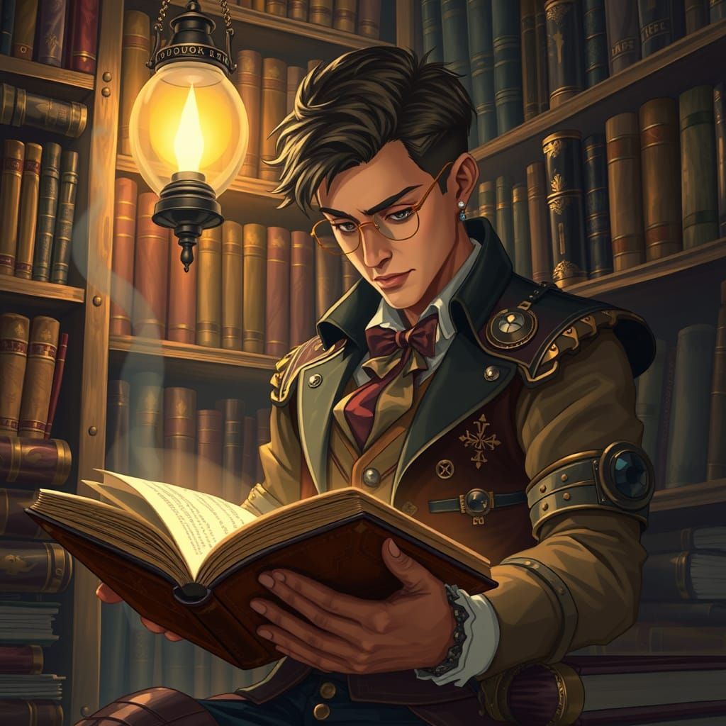 Steampunk Scholar Reads Living Books in Gaslit Library