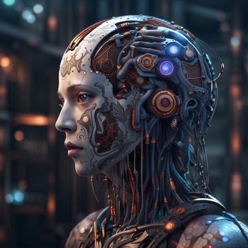 AI Brain Implanted Android Human: Detailed Matte Painting