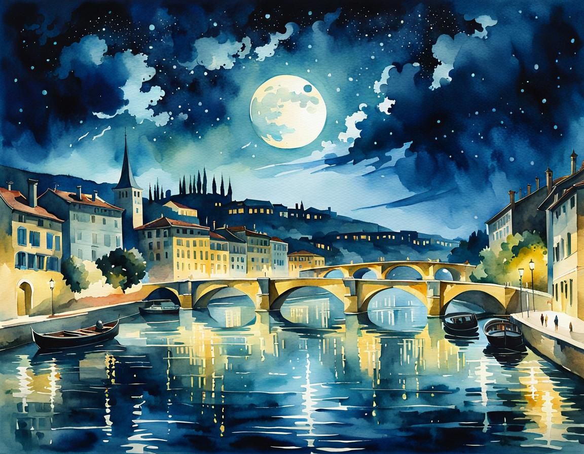 Moonlit Rhone River: Watercolor Illustration