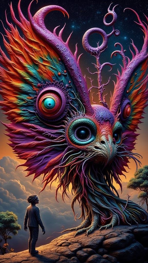 Surreal Moth Man Amidst Fractured Mindscape