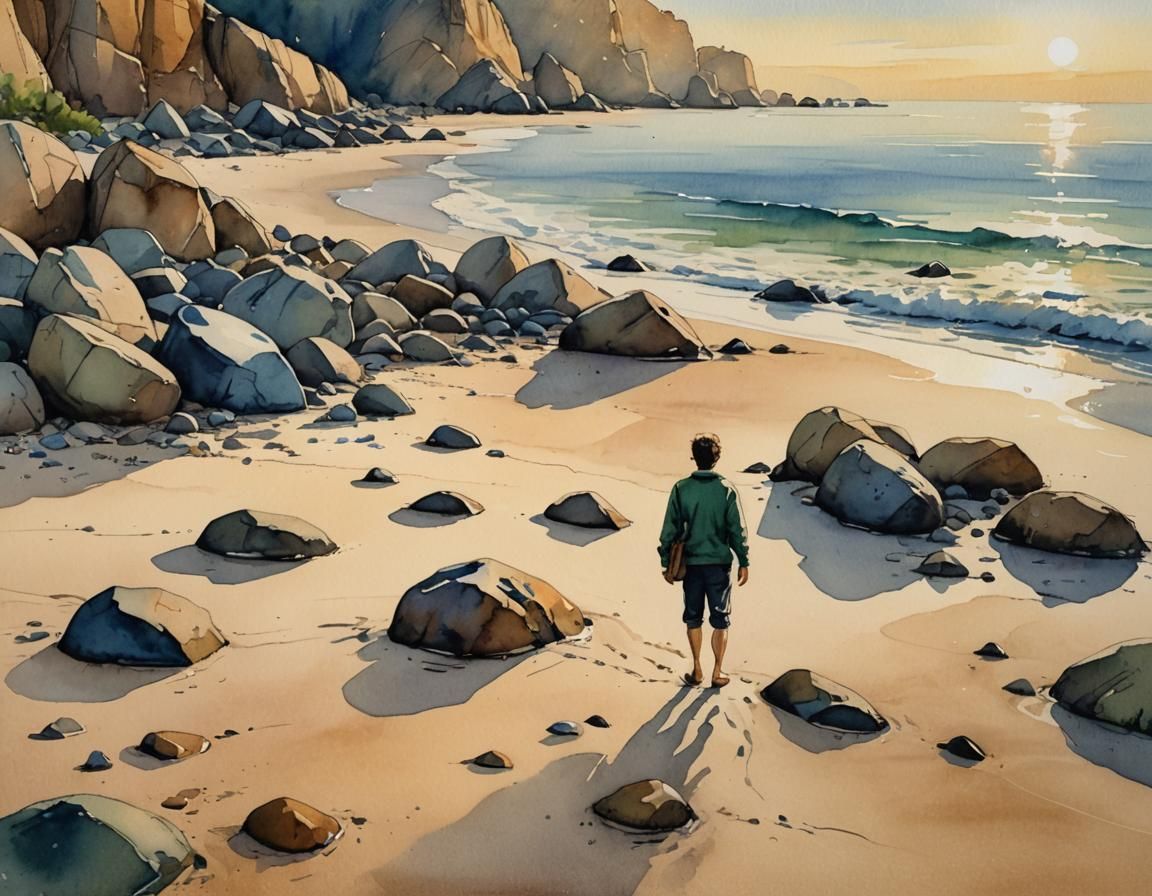 Watercolor Beach Scene at Dusk in Golden Light