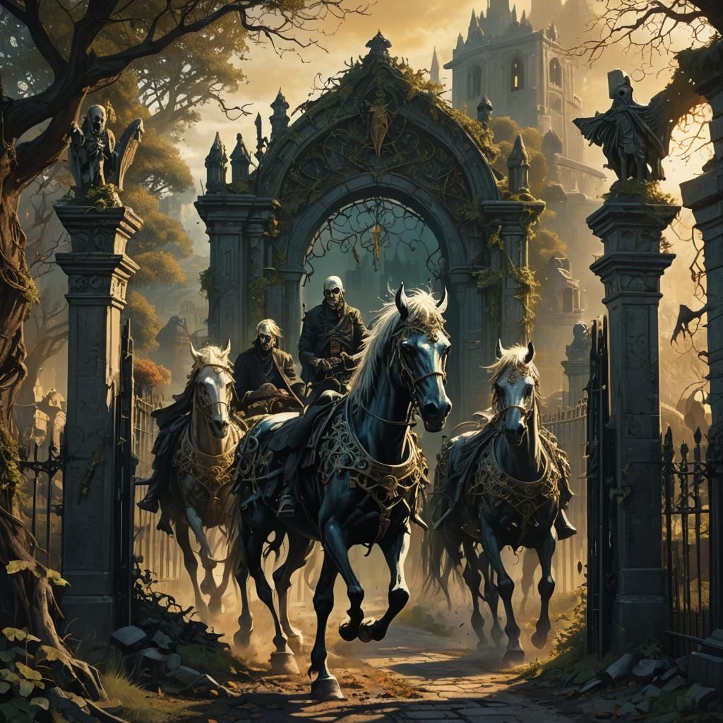 Undead Riders Escape Cemetery Gate: Dark Fantasy Art