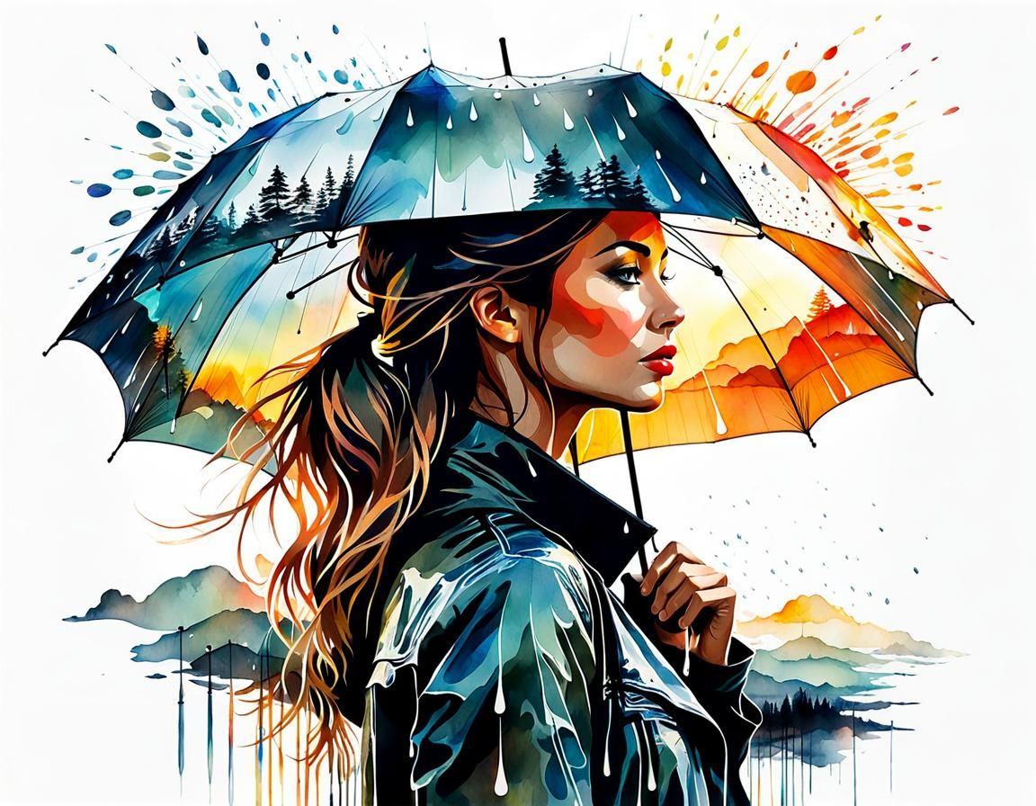 Rainy Day Sunset Watercolor Silhouette Portrait