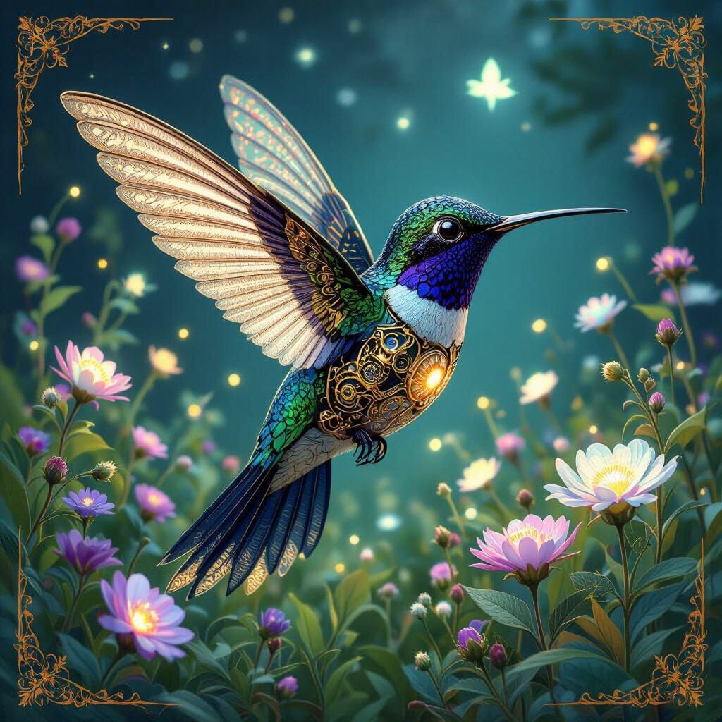 Steampunk Hummingbird Ornithopter in Bioluminescent Meadow