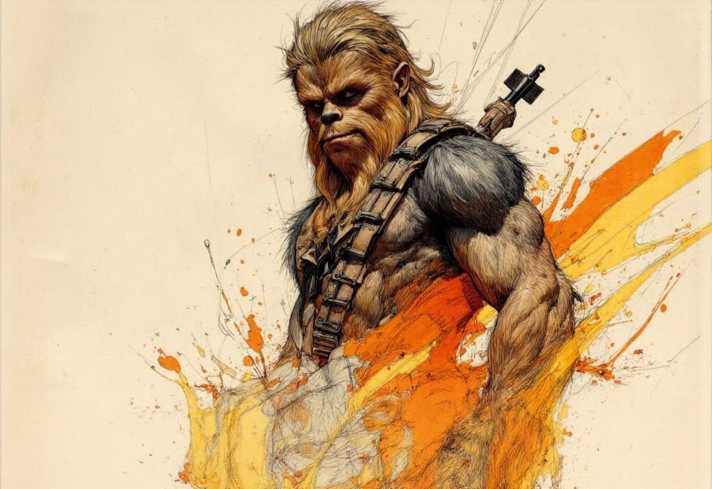 Chewbacca Comic Sketch with Explosive Color Splatters